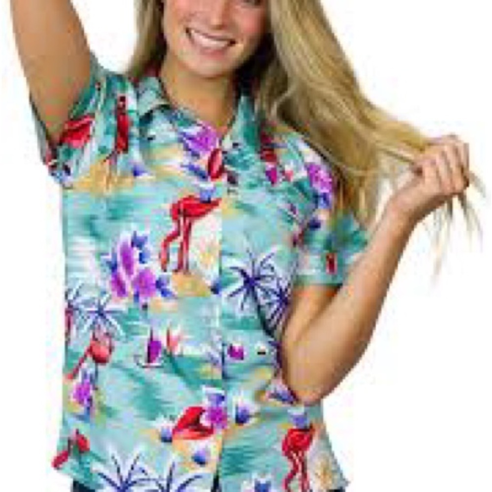 Women’s Tropical Print Short-Sleeve Button-Up Top - Blue
